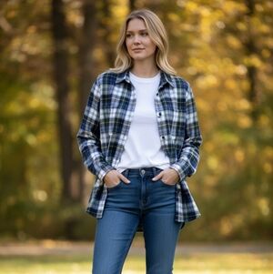 L.L. Bean Women's Navy and White Plaid Shirt